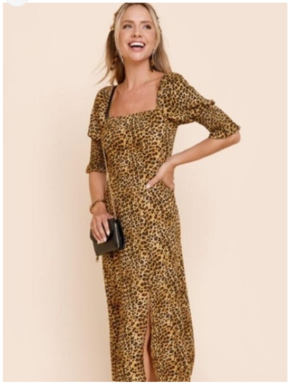 Blue Rain Leopard Print Square Neck Puff Sleeve Midi Dress L/XL EUC